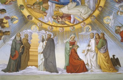 Gewelf van de kamer van Dante, detail: Dante, Beatrice, Keizerin Constance, de Clarissa Piccarda Romeo van Villanova en Keizer Justinianus door Philipp Veit